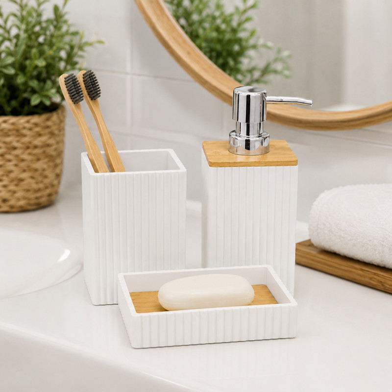 Accesorios de Baño 3 Piezas en Set Blanco Bambú 