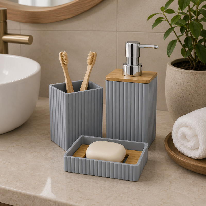 Accesorios de Baño 3 Piezas en Set Gris Bambú 