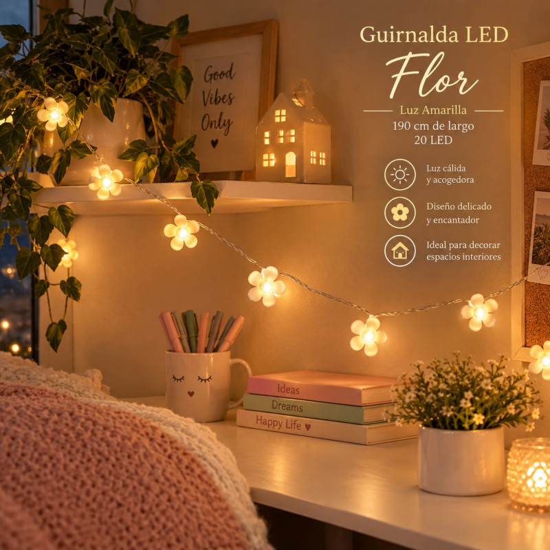 Guirnalda 20 LED Flor Luz Amarillo 190cm