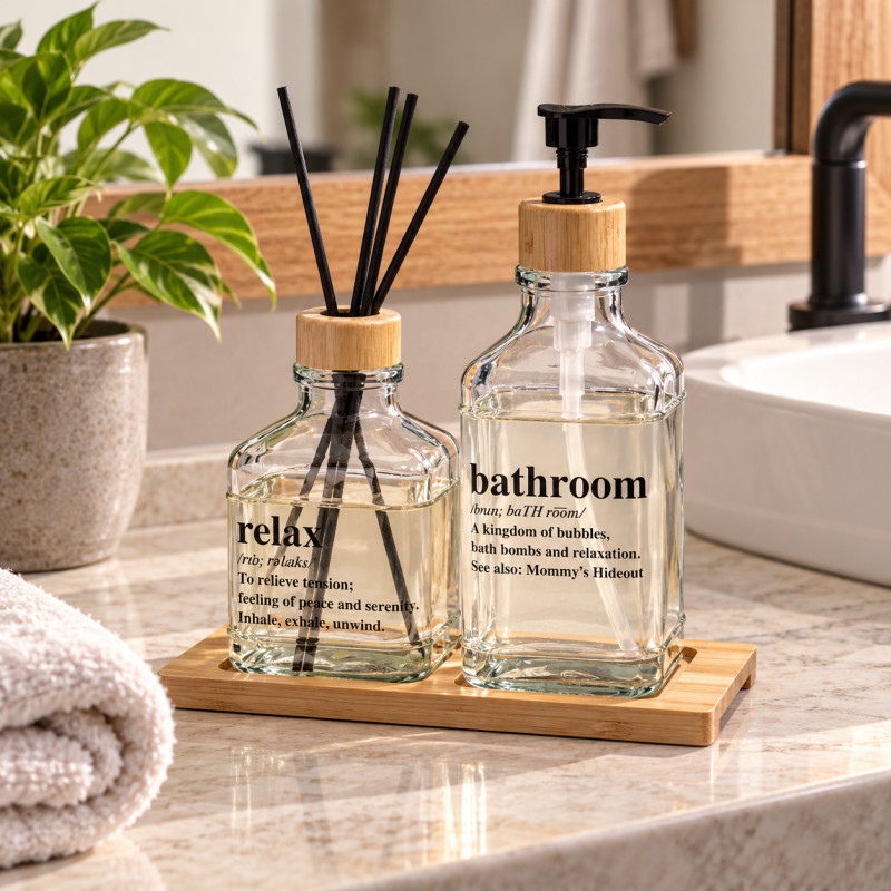 Dispensador de Jabón Líquido y Difusor de Vidrio con Base