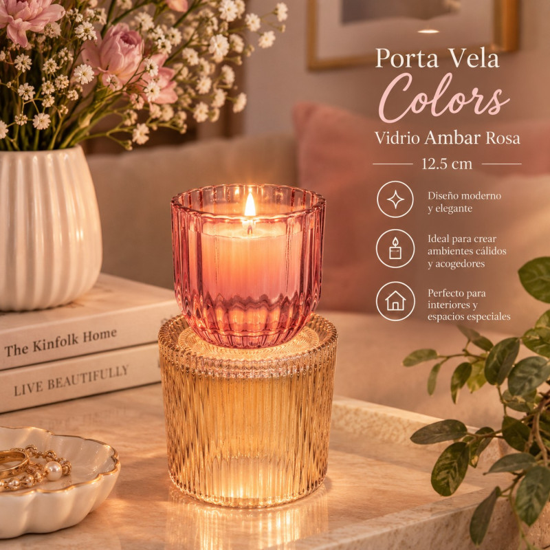 Porta Vela Colors Vidrio Ambar Rosa 12.5cm