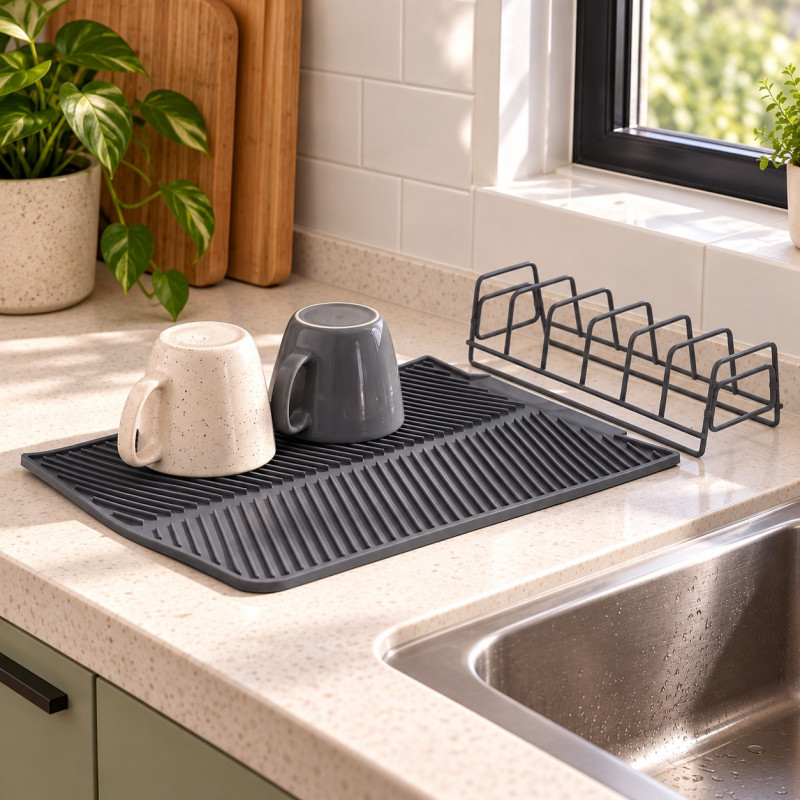 Escurridor de Platos con Tapete de Silicona Negro