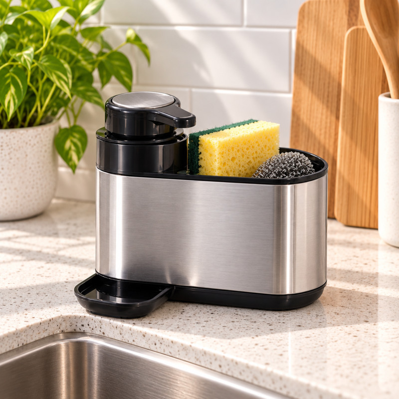 Dispensador Liquido Negro con Porta Esponja   