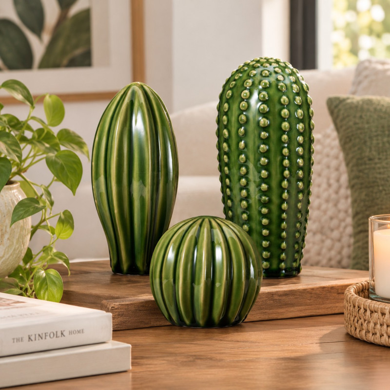 Adorno Cactus de Porcelana Set de 3 Piezas 