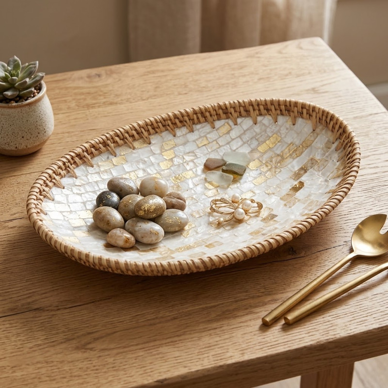 Bandeja Oval Nacar Blanco y Oro 38X21cm