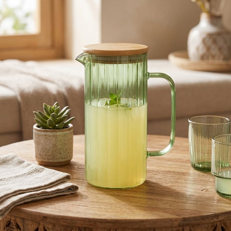 Jarra Joy Vidrio con Tapa Bambú Verde 900ml