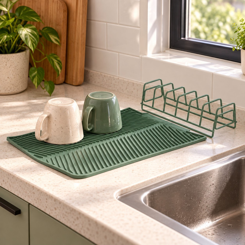 Escurridor de Platos con Tapete de Silicona Verde 