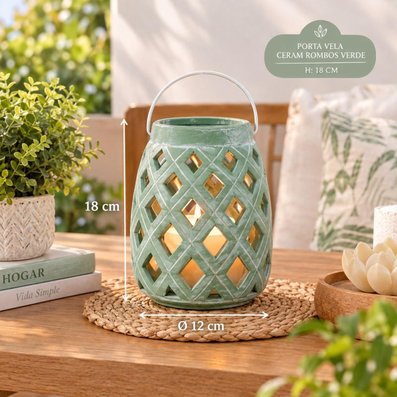 Porta Vela Cerámica Rombos Verde 18cm