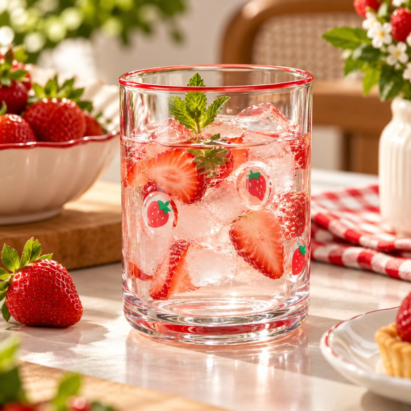 Vaso de Vidrio con Decoración de Fresa 410ML 