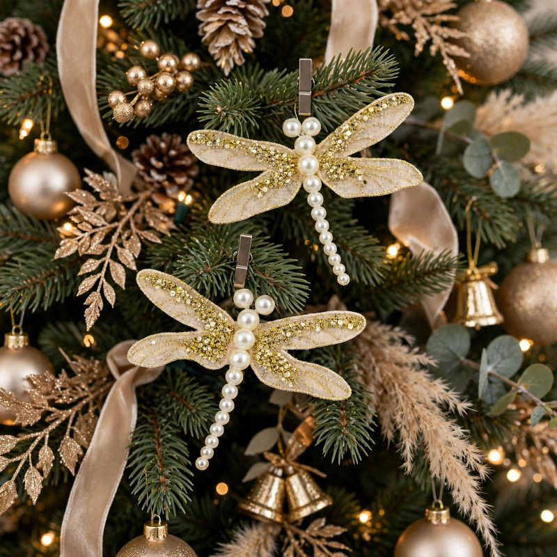 Adorno Navideño Libélula Beige Clips x 2 