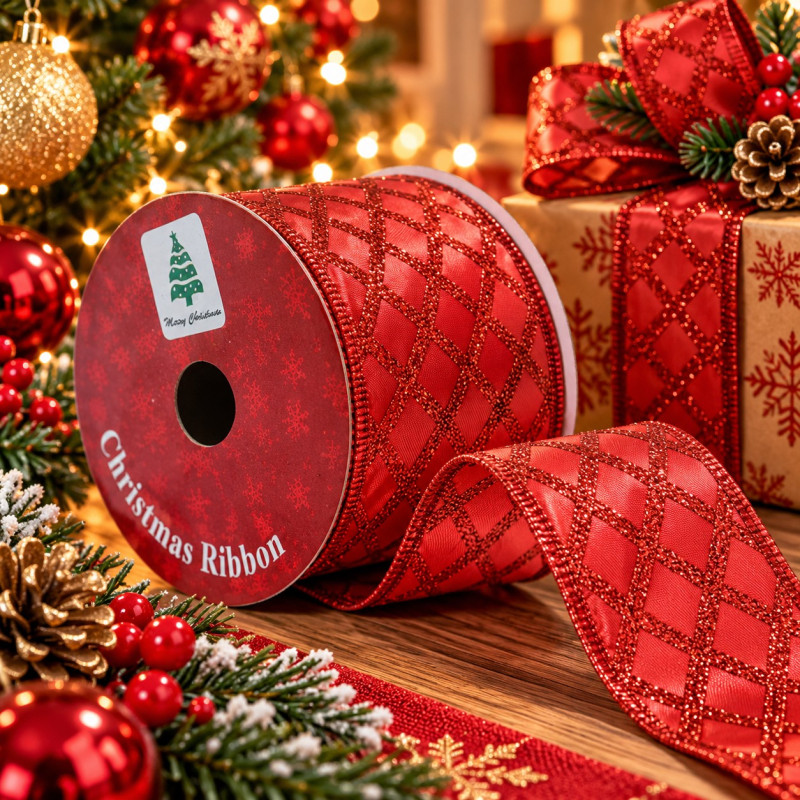 Cinta Navideña Roja Rombos Oro 2.1/2x10YDS