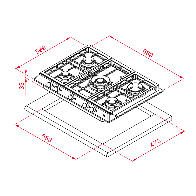 Cocina a Gas con 5 Quemadores de Acero Inoxidable de 68x52cm Teka