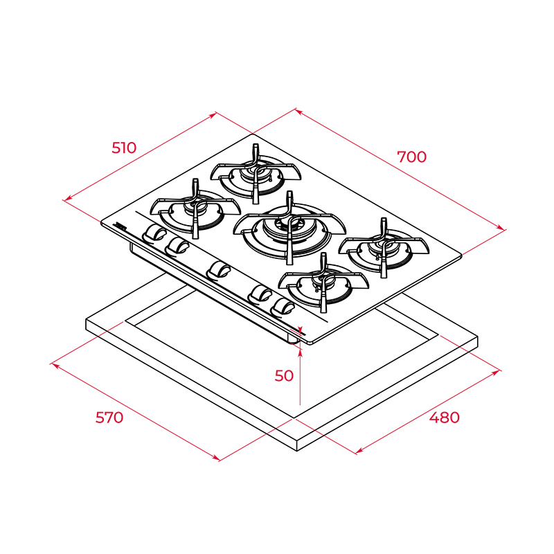 Cocina a Gas con 4 Quemadores +1 Triple Llama Vidrio Templado 70x51cm Teka