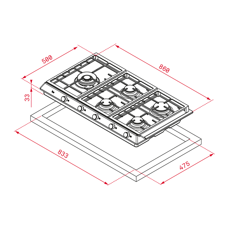 Cocina a Gas con 4 Quemadores + 1 Doble Llama  de Acero Inoxidable 86x50cm Teka