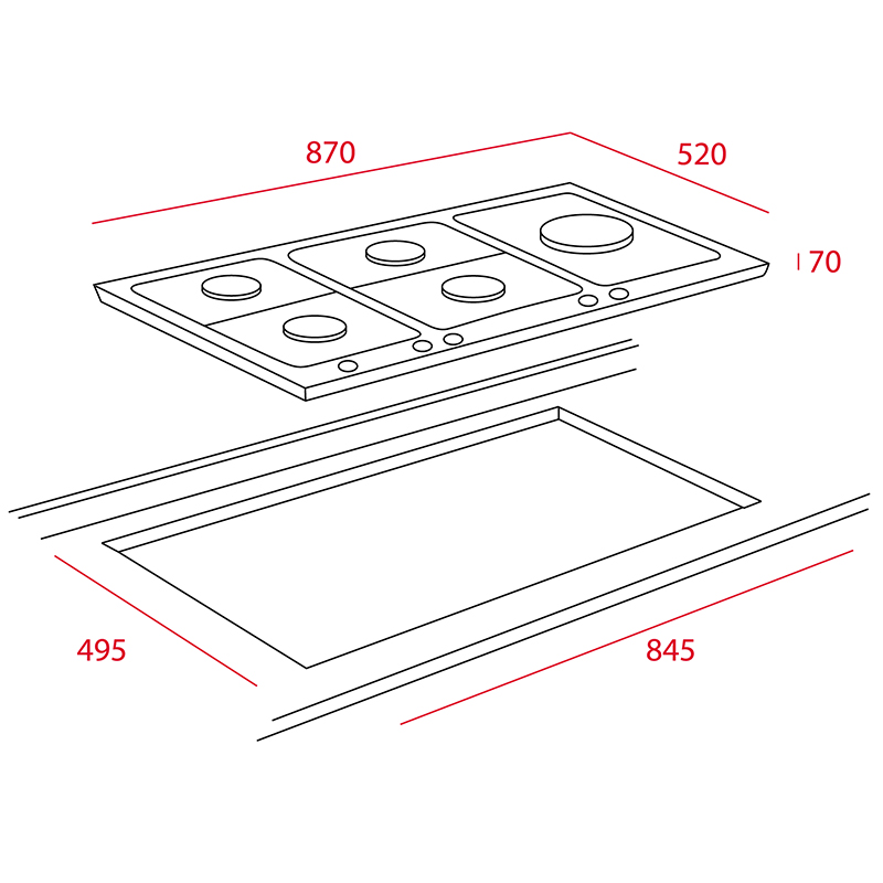 Cocina a Gas con 4 Quemadores + 1 Triple Llama de Acero Inoxidable de 87x52cm  Teka