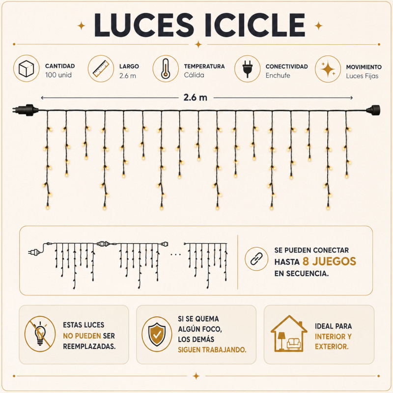 Luces de Navidad Icicle x100 Led 2.6m Luz Calida