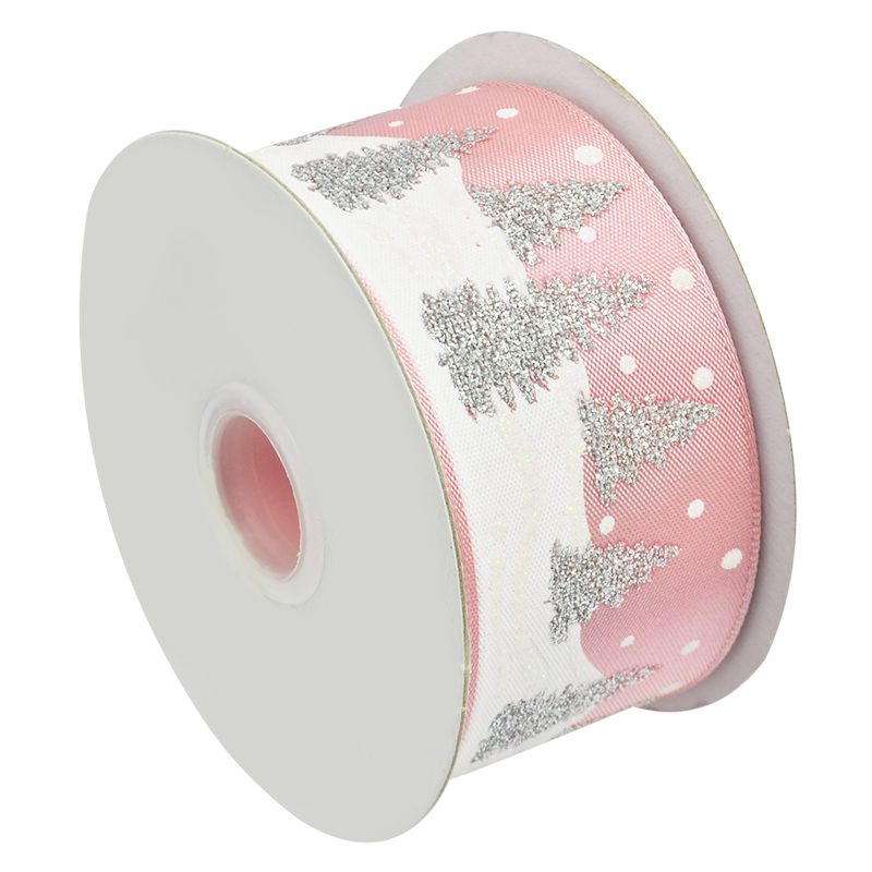 Cinta Navideña Rosa Árbol Plateado 10yds