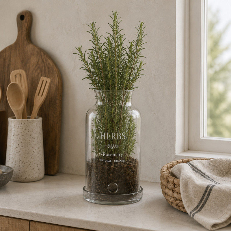 Envase de Vidrio para Planta Herbs con Plato