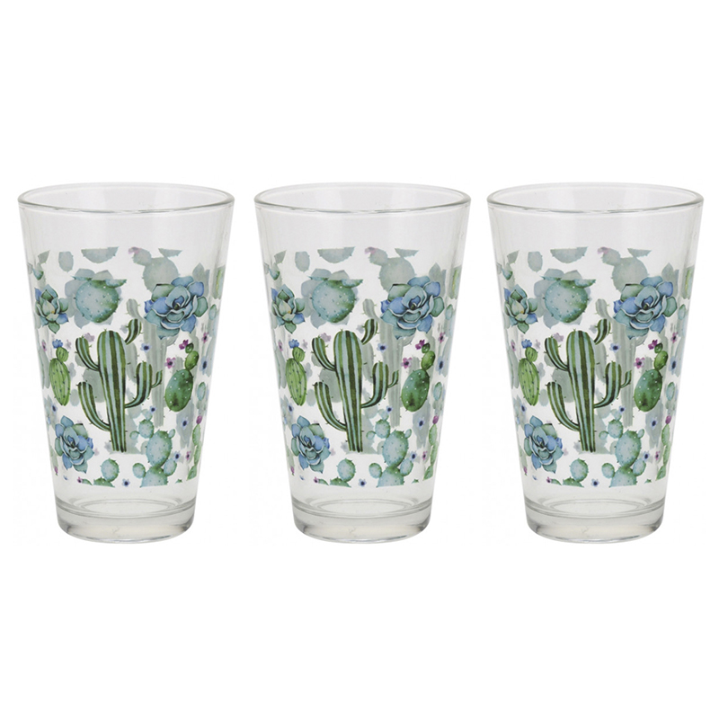 Vaso de Vidrio con Diseño de Cactus en Set de 3 Piezas