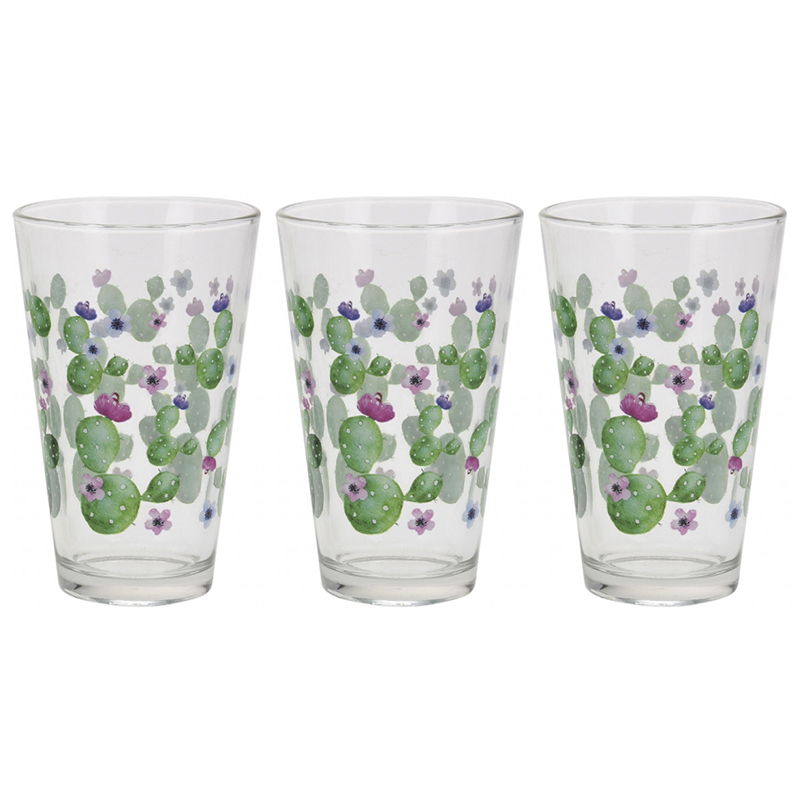 Vaso de Vidrio con Diseño de Cactus en Set de 3 Piezas