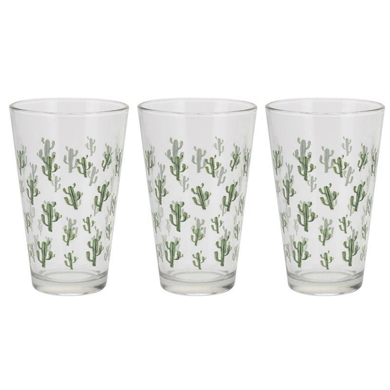 Vaso de Vidrio con Diseño de Cactus en Set de 3 Piezas