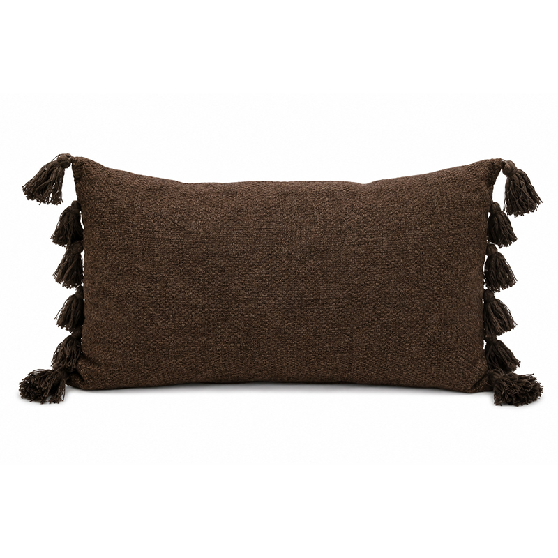 Cojín Tierra Serena Yute Chocolate con Borlas 30x50cm