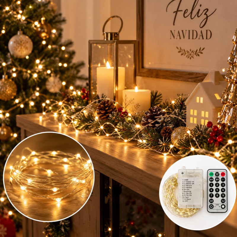 Luces de Navidad Micro Led x100 con Control Luz Calida y Multicolor