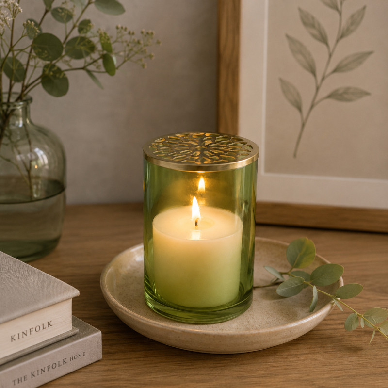 Porta Vela Verde de Cristal con Tapa 