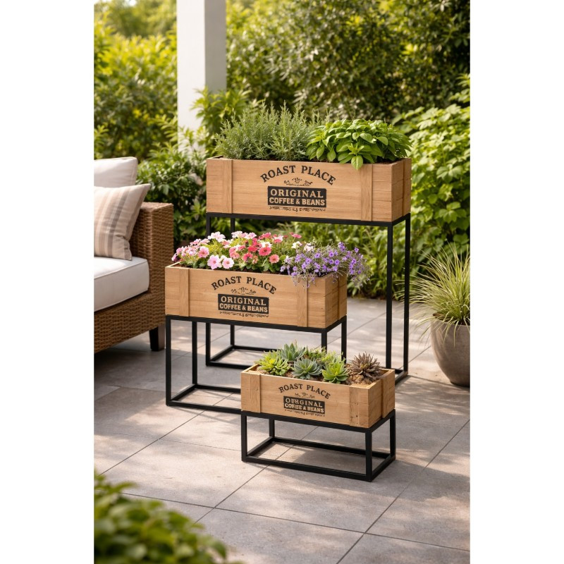 Soporte para Maceteros Madera Metal 3 Piezas
