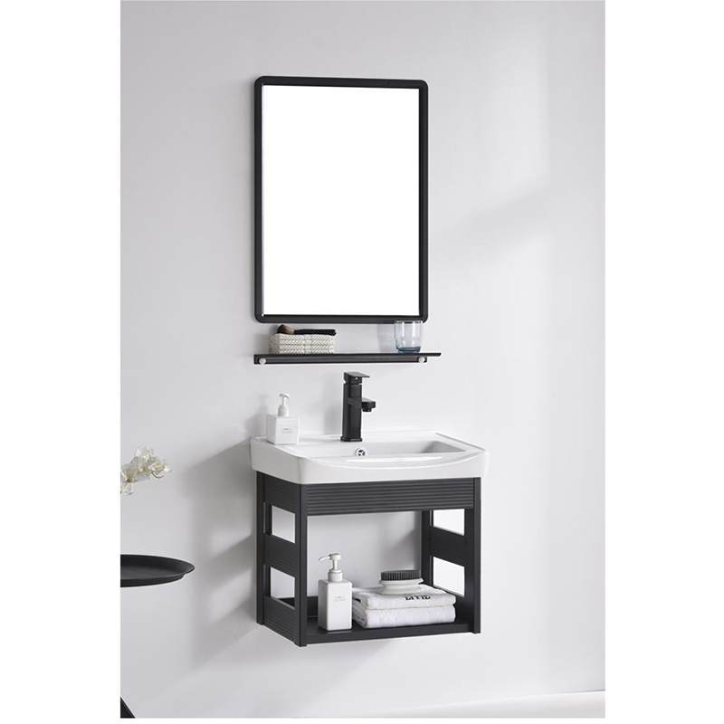 Mueble de Baño Aéreo Negro con Espejo y Repisa 50x45x36cm