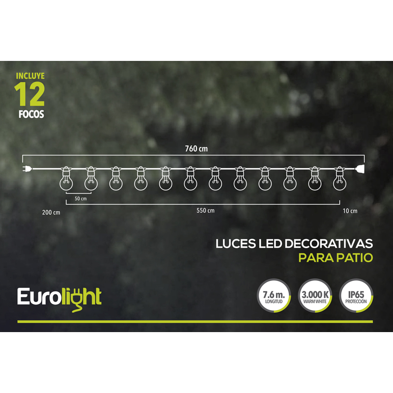 Luces Led 12 Bombillas Transparente 7.6 Metros de Plástico Luz Amarilla Eurolight