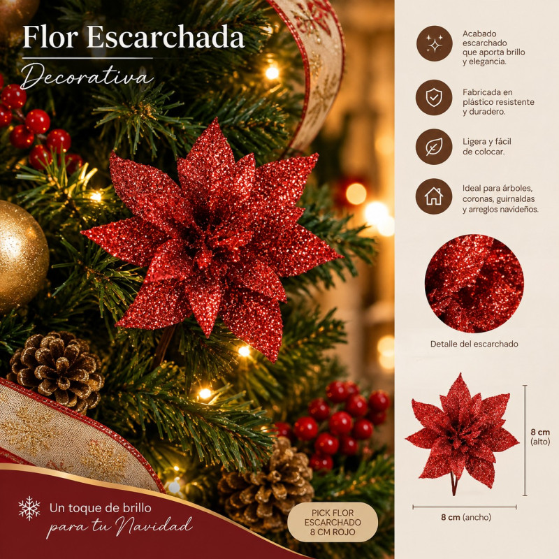 Pick Flor Escarchado Rojo 8cm