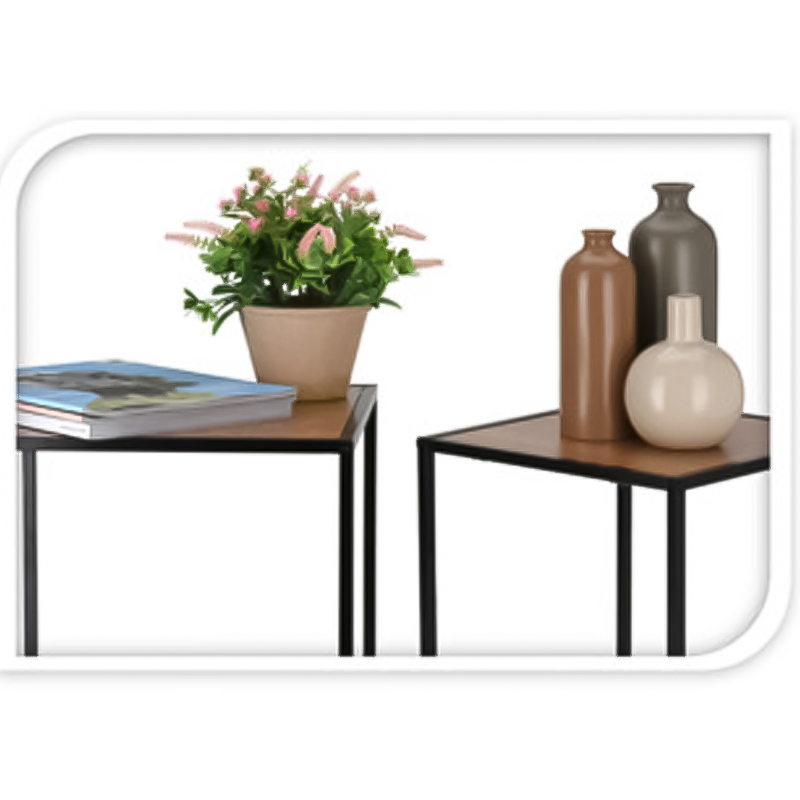 Mesa Auxiliar Madera Natural y Metal Negro  2 Piezas