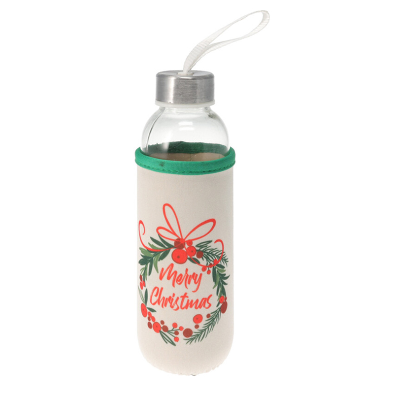 Termo de Vidrio 500ml con Forro Diseño Navideño