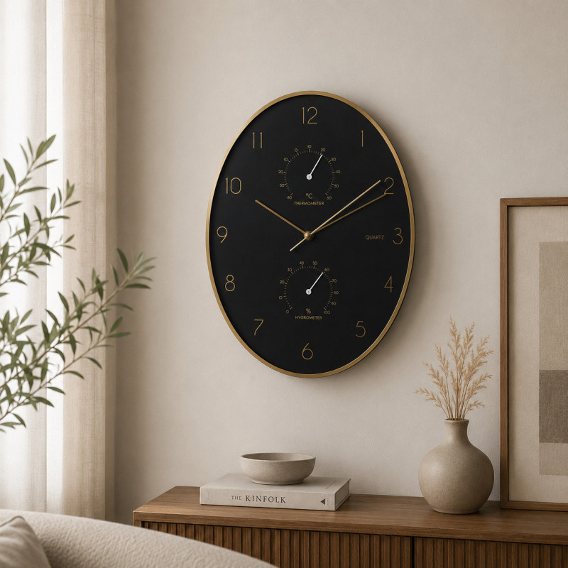 Reloj de Pared Ovalado Aluminio Dorado Negro