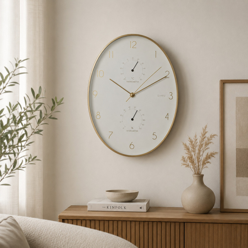 Reloj de Pared Ovalado Aluminio Dorado Blanco