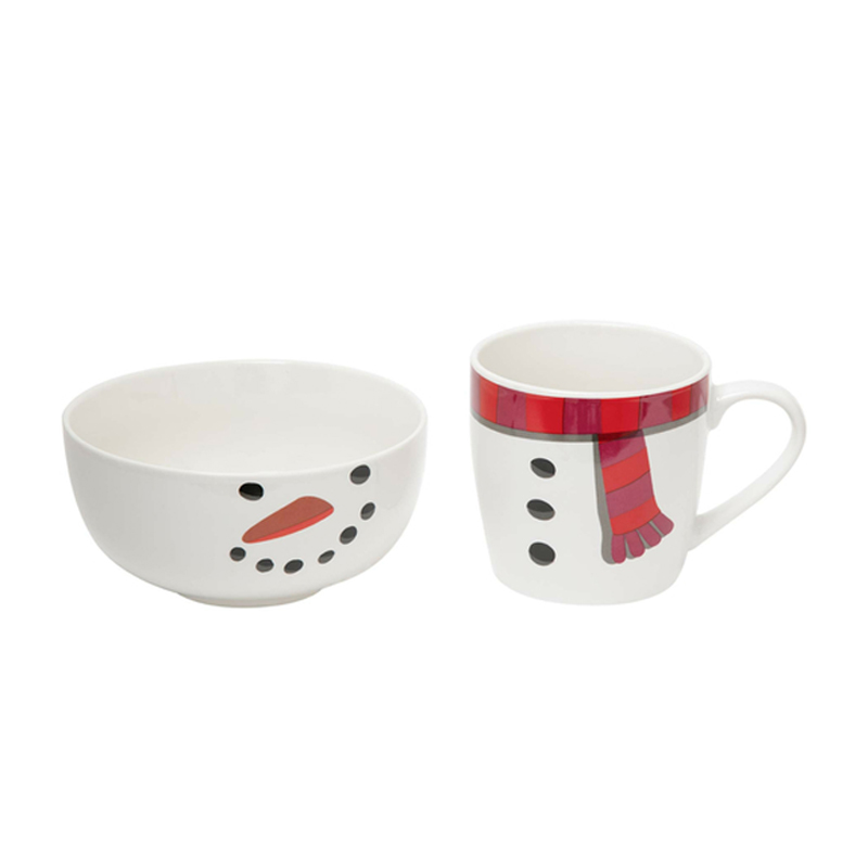 Bowl + Taza de Cerámica Navideña Muñeco de Nieve