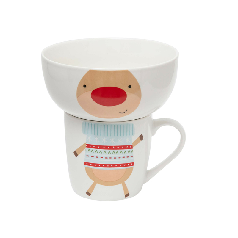 Bowl + Taza de Cerámica Navideña Reno