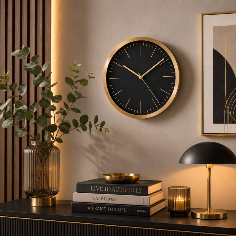 Reloj de Pared Fijo Dorado Negro 29 cm