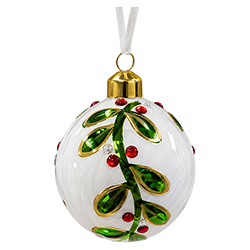 Adorno Navideño Colgante Bola Blanca con Hojas de Vidrio